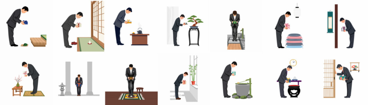 Collection of illustrations depicting a Japanese businessman bowing and offering gifts in various traditional settings, showcasing cultural etiquette, respect, and professional manners.
