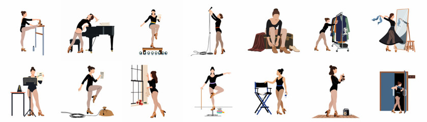 Illustrative set of a female performer in various stages of practice, rehearsal, and preparation for a stage or studio production. © Ricardo