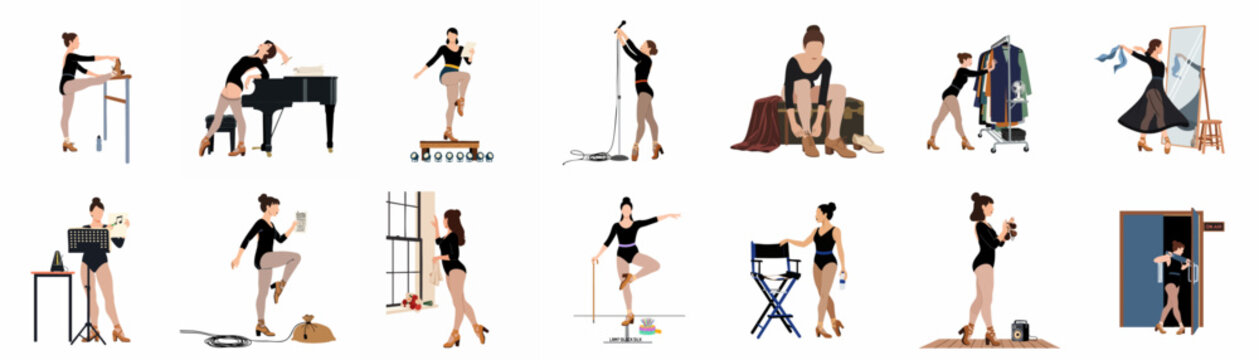 Illustrative set of a female performer in various stages of practice, rehearsal, and preparation for a stage or studio production.