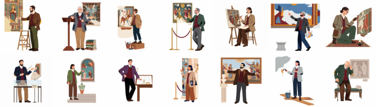 Vector illustration set of art historians, museum curators, and restorers examining and preserving classic paintings, mosaics, and historical artifacts.