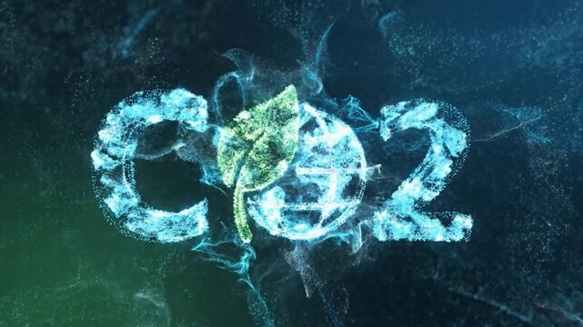 CO2 carbon dioxide green leaf blue glowing particles environmental concept clean energy carbon reduction sustainability abstract background with digital particle explosion, dynamic motion