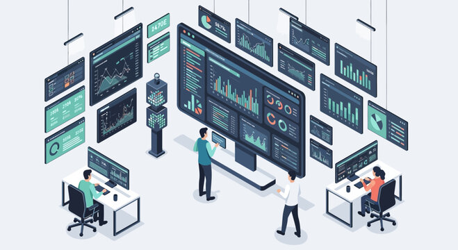 Data analysis center with multiple screens and people working.
