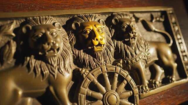 Antique Bronze Relief Carving of Three Majestic Lions and Dharma Wheel Mounted on Dark Wood Surface with Dramatic Lighting Highlighting Gold Accents