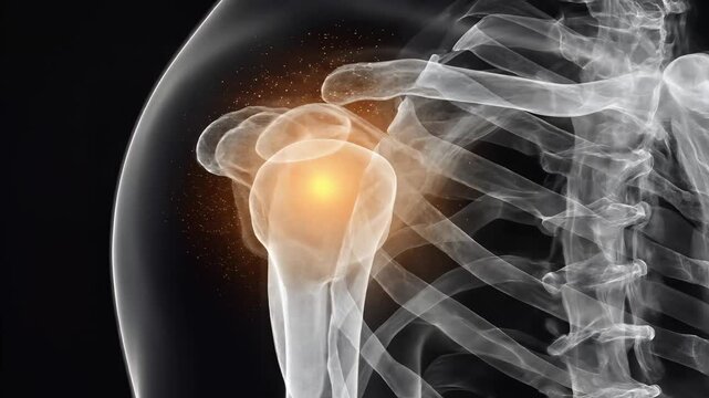 Shoulder Bones, Dynamic X-Ray View of Human Skeleton in Translucent White on Black Background with Pulsating Orange Pain Points