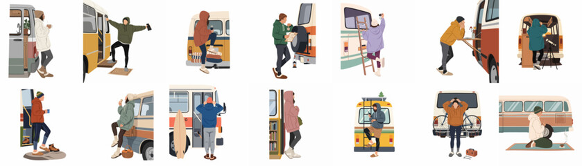 Collection of diverse flat vector illustrations depicting people enjoying various aspects of the nomadic van life lifestyle with their camper vans and buses. © Ricardo