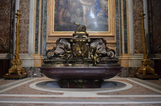 Rome, Italy 09.04.2020: Baptismal fonts Saint Peter's Basilica Vatican City