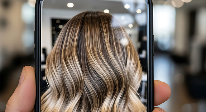 Close-up of a stylish blonde balayage hairstyle being photographed on a smartphone
