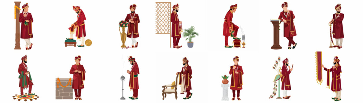 Set of vector illustrations of an Indian groom in traditional maroon sherwani and turban, posing in various stances for wedding ceremonies.