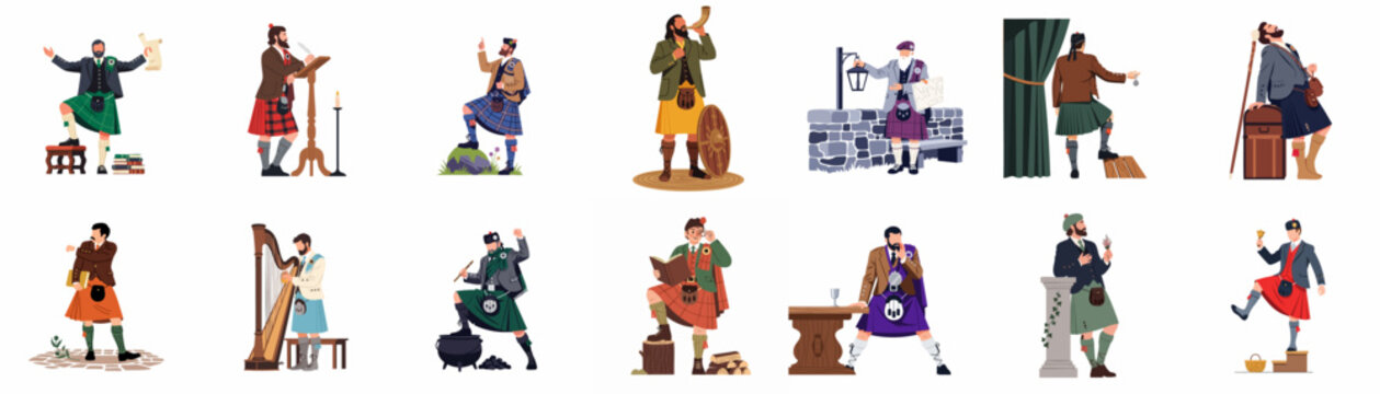 Cartoon illustrations of Scottish men in traditional kilts and historical attire, showcasing various cultural activities, music, and heritage-themed roles on white background.