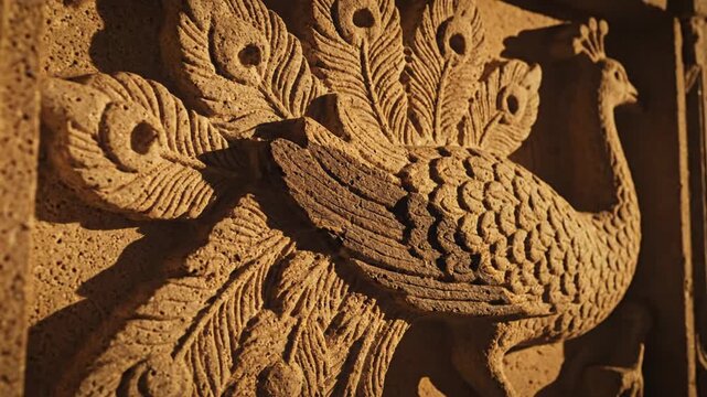 Detailed Stone Carving of a Peacock with Elegant Plumage and Feather Details Illuminated by Warm Sunlight