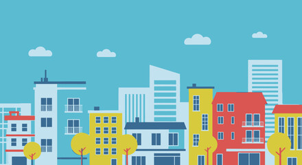 Lively and colorful city street with diverse buildings, cars, and trees, depicting a vibrant urban community under a clear blue sky. © ZAENAL