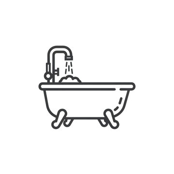 A black line drawing of a bathtub with water running isolated on transparent background