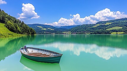 Obraz premium Tranquil Turquoise Lake Reflecting Verdant Hills with a Small Wooden Boat Resting Nearby