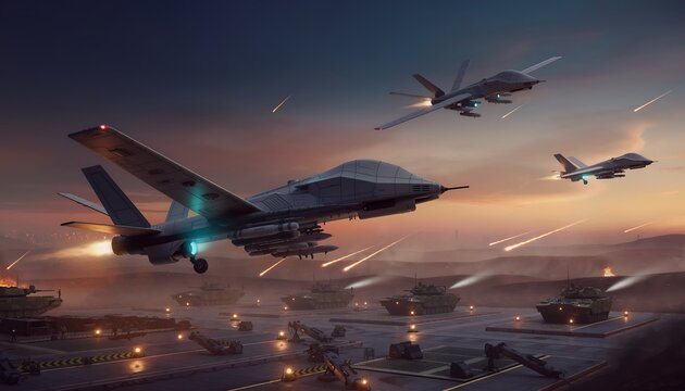 Futuristic War Drones Launching from Military Base with Tanks at Sunset