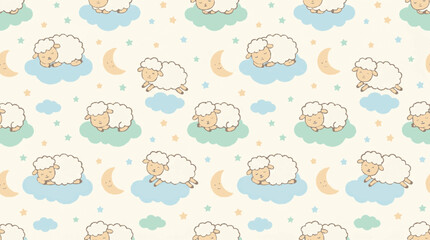Obraz premium Cute cartoon sheep sleep on blue clouds with crescent moon and stars in nursery vector pattern