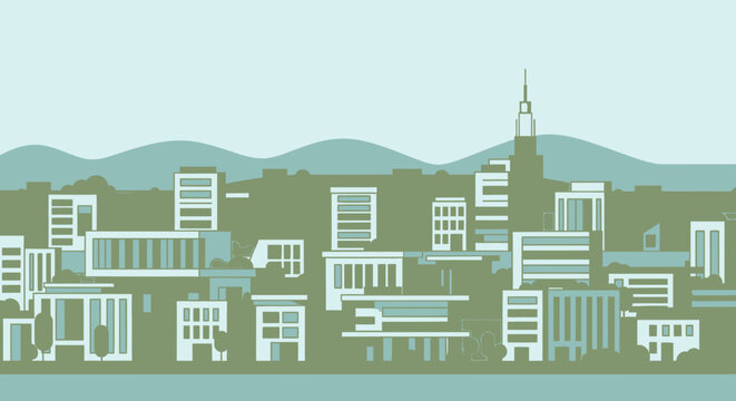Urban Cityscape Buildings and Small Houses under Blue Sky Flat Design