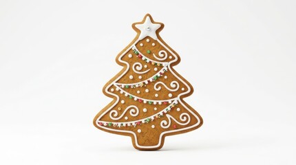 A festive gingerbread cookie shaped like a christmas tree, decorated with white icing and colorful candy beads, presented on a clean white background.