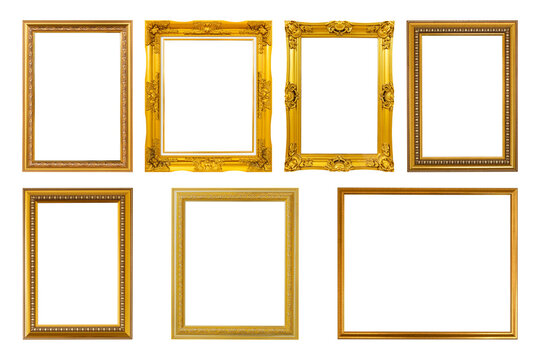 Collection of ornate golden picture frames isolated on transparent background for artwork and photo display.
