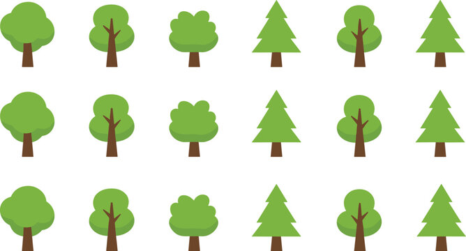 Flat tree icon collection with deciduous and pine trees isolated on background, nature forest plant set for landscape design and ecology illustration
