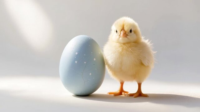 Fluffy yellow chick standing next to pastel blue Easter egg in soft natural sunlight on light minimal background. Spring holiday symbol representing new life and celebration.