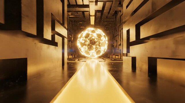 Epic journey through mysterious futuristic labyrinth and complex maze corridor. Abstract 3d render of powerful glowing gold sphere design