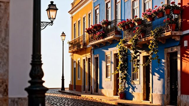 Colorful buildings with flower balconies on cobblestone street