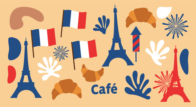 French themed pattern with Eiffel Tower croissants and flags