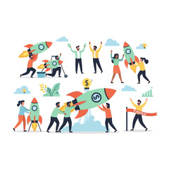 Fototapeta premium Teamwork and innovation concept illustration: people launching rockets, startup idea, business growth