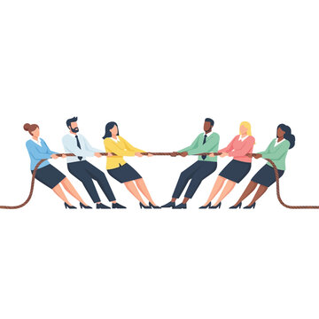 Diverse business team in tug of war, teamwork, competition, conflict, and strategy illustration