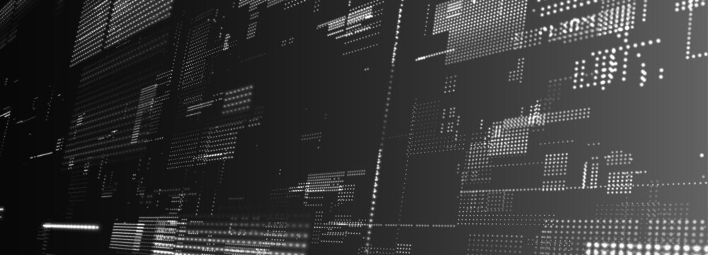 A futuristic vector background with a digital pixel matrix pattern on a dark background. Data flow or a futuristic map of a technological network. Dynamic particles of digital data penetrate