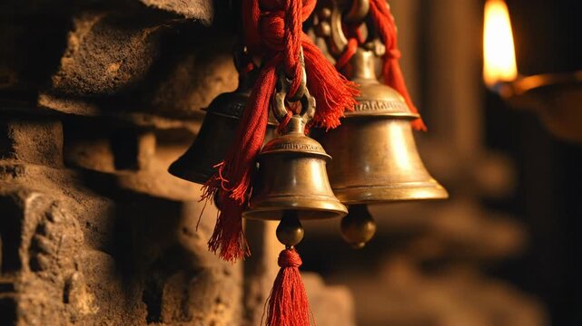 Ancient Temple Bells with Red Tassels and Flickering Oil Lamp in Soft Warm Light Detailed Stone Carvings Highlight Spiritual Ambiance