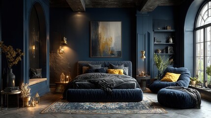Fototapeta premium bedroom with dark blue walls and blank poster frame, cozy interior design, soft natural lighting, comfortable and minimalistic atmosphere