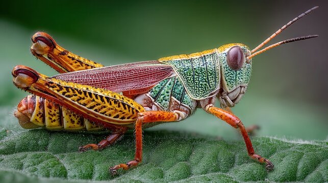 close-up of a locust sitting on a green leaf with half of the background empty in a solid pastel color, minimal and clean composition