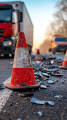 Traffic cone standing beside debris on a damaged roadway after a crash. Road accident and transport safety concept.