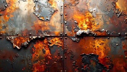 Fototapeta premium Close-up of four metal panels, heavily rusted with orange and brown discoloration, riveted together. Rough textures