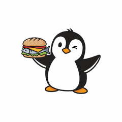 Obraz premium Cute cartoon penguin holding a fish burger.