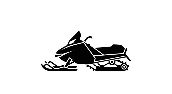 Side view of a black snowmobile icon isolated on a solid white background