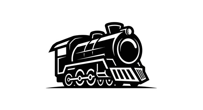 Black and white vintage steam locomotive illustration isolated on a plain white background
