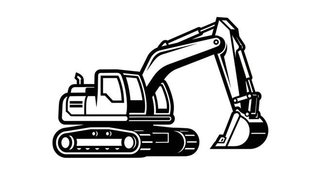 Black and white vector illustration of a construction excavator on a white background