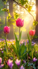 Obraz premium Three pink tulips stand in a sun-drenched meadow dotted with purple flowers