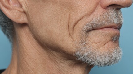 Fototapeta premium Senior man with prominent facial wrinkles and neck lines showcasing natural aging process, looking at skin care, dermatology, and anti aging cosmetic treatments