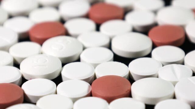 Different pills medicines on a black background. 4K video