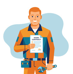 Obraz premium A blue-collar worker wears a work helmet and holds a contract stock illustration