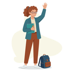 Obraz premium Vector illustration of a beautiful, slim student girl. a girl wearing a shirt, a off white vest, pants, a blue backpack on her shoulder, holding a book isolated on a white background