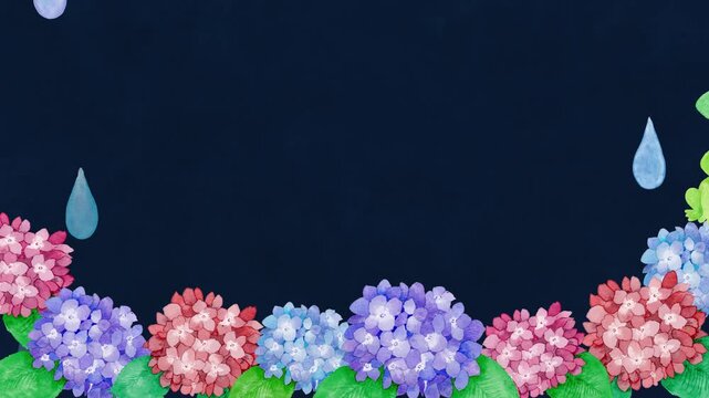 Watercolor Hydrangea Rain Loop Background Animation,night,4k,Copyspace-夜の梅雨 水彩タッチの雨のアジサイ揺れる癒しループ動画 / デスクトップ・スマホ、背景素材動画、4k高画質、コピースペースあり
