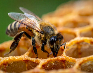 Macro Close-up of Honey Bee on Golden Honeycomb with Blurred Green Background