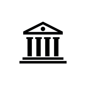 Bank building icon with classical columns and pediment, symbolizing finance, law, government, education, and culture, providing a clear representation of institutional authority and tradition