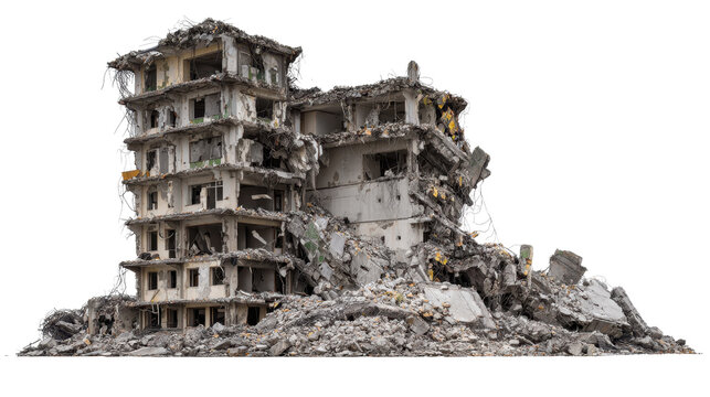 Crumbling multi story building amid a vast pile of concrete rubble and debris, isolated on transparent background, depicting urban destruction, decay and post disaster aftermath
