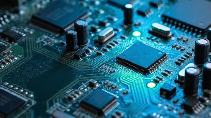 Fototapeta premium Close up view of a complex electronic circuit board with integrated chips and capacitors illuminated by blue light