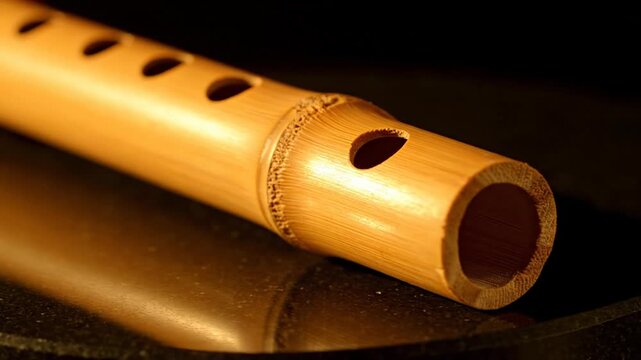 Close Up Of A Bamboo Flute With Six Finger Holes And Visible Grain Detail Resting On A Reflective Dark Surface With Soft Lighting Creating A Warm Amber Glow